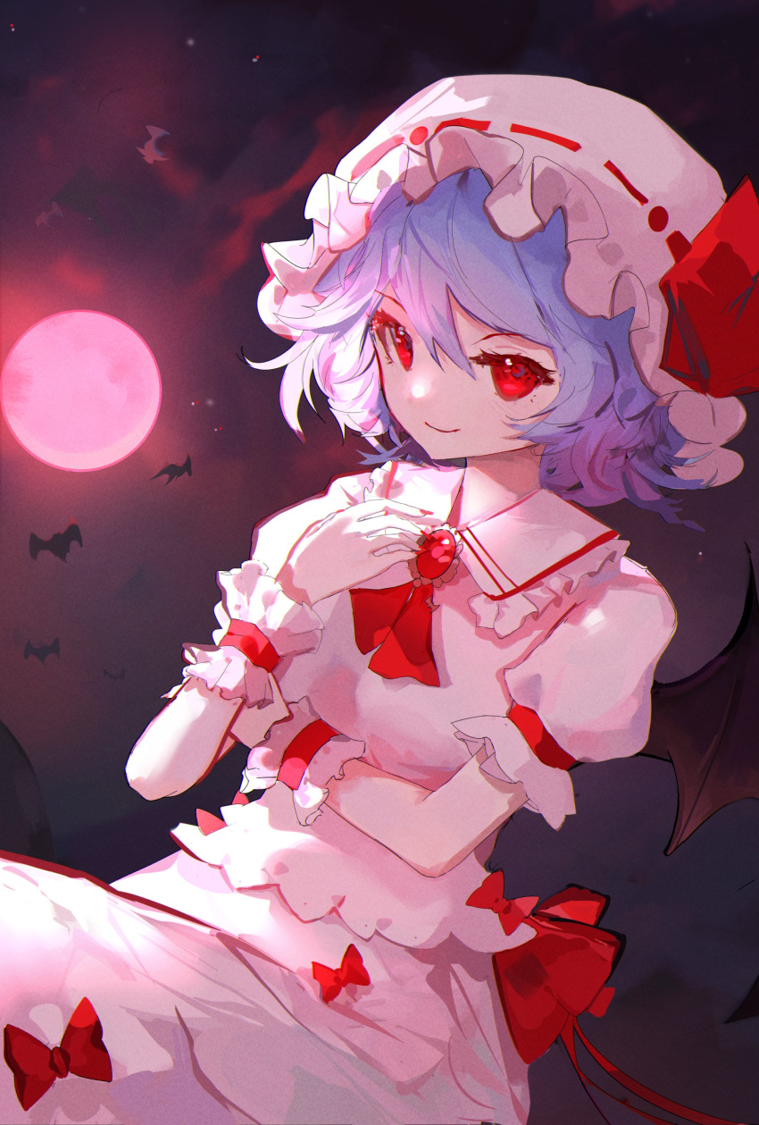 1girl absurdres ascot bat_(animal) blush bow brooch closed_mouth collared_shirt commentary cowboy_shot daedalu fingernails frilled_shirt_collar frills full_moon gem hair_between_eyes hand_on_own_chest hand_up hat hat_ribbon highres holding_own_arm jewelry looking_at_viewer medium_hair mob_cap moon puffy_short_sleeves puffy_sleeves purple_hair red_ascot red_bow red_eyes red_gemstone red_moon red_nails red_ribbon remilia_scarlet ribbon shirt short_sleeves skirt smile solo touhou white_headwear white_shirt white_skirt wrist_cuffs