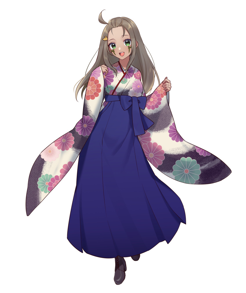 1girl :d absurdres ahoge banana_hair_ornament black_footwear blue_hakama blush boots breasts brown_hair commission copyright_request cross-laced_footwear facial_mark floral_print food-themed_hair_ornament forehead green_eyes hair_ornament hakama hakama_skirt highres japanese_clothes kimono lace-up_boots long_hair long_sleeves looking_at_viewer pinching_sleeves print_kimono sakura_chiyo_(konachi000) simple_background skirt sleeves_past_wrists small_breasts smile solo teeth upper_teeth very_long_hair virtual_youtuber white_background white_kimono wide_sleeves