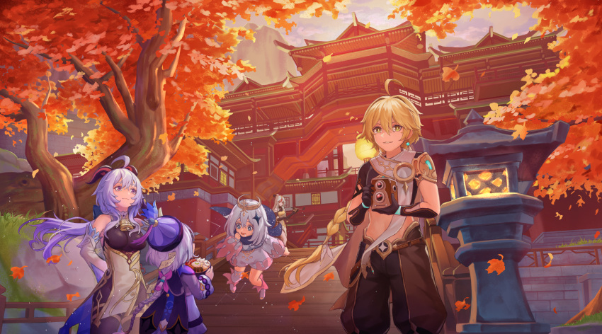 1boy 4girls aether_(genshin_impact) ahoge architecture autumn_leaves bell blonde_hair blue_hair braid breasts brown_pants brown_shirt camera cropped_shirt detached_sleeves dress east_asian_architecture ganyu_(genshin_impact) genshin_impact hair_ornament halo hat highres holding holding_camera horns long_hair long_sleeves multicolored_clothes multiple_girls neck_bell ningguang_(genshin_impact) outdoors paimon_(genshin_impact) pants purple_hair qiqi_(genshin_impact) scarf shirt single_braid superman3go violet_eyes white_dress white_hair white_scarf
