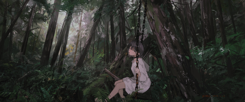 1girl absurdres black_hair brown_eyes chain dress forest highres mouth_hold nature original outdoors plant scenery short_hair sitting solo swing tree white_dress xilmo