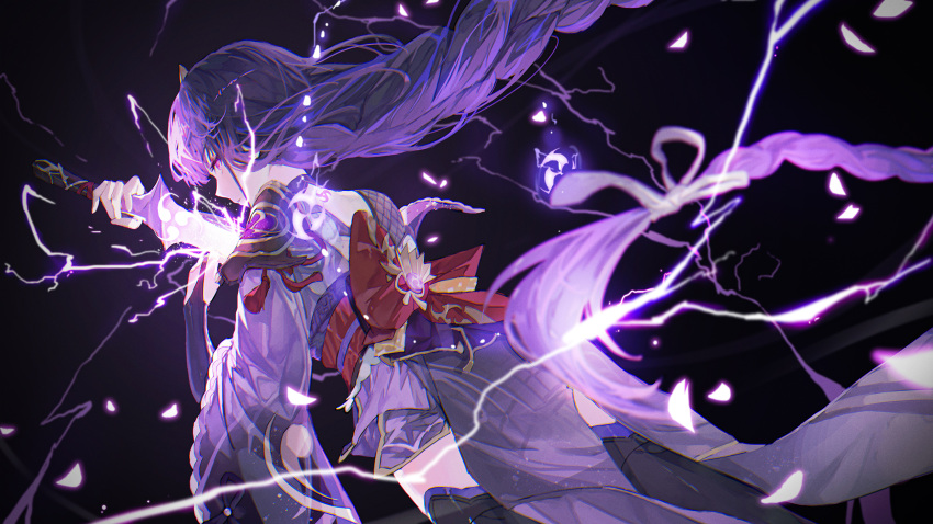 1girl back_tattoo black_background black_thighhighs braid braided_ponytail commentary_request dutch_angle electricity falling_petals floating_hair genshin_impact glowing highres holding holding_sword holding_weapon human_scabbard japanese_clothes kimono long_hair looking_at_viewer mitsudomoe_(shape) mont_blanca musou_isshin_(genshin_impact) obiage obijime parted_lips petals profile purple_hair purple_kimono raiden_shogun sideways_glance single_braid solo sword tattoo thigh-highs tomoe_(symbol) very_long_hair violet_eyes weapon zettai_ryouiki