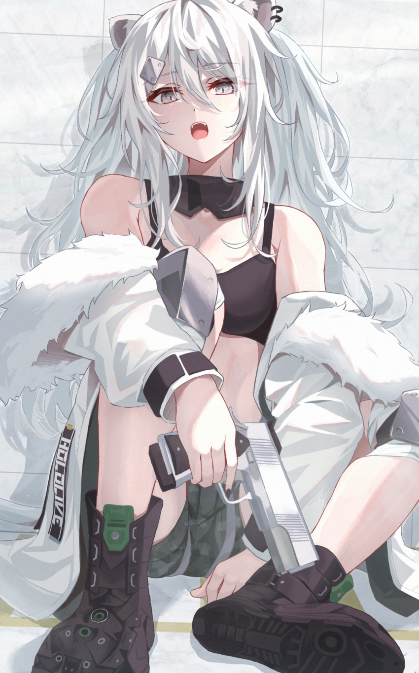 1girl against_wall animal_ear_fluff animal_ears black_shorts boots coat ear_piercing full_body fur-trimmed_coat fur_trim grey_eyes grey_hair gun handgun highres holding holding_gun holding_weapon hololive lion_ears lion_girl long_hair looking_at_viewer messy_hair norio_(noriosub) open_mouth piercing shishiro_botan shorts sitting two_side_up virtual_youtuber weapon white_coat