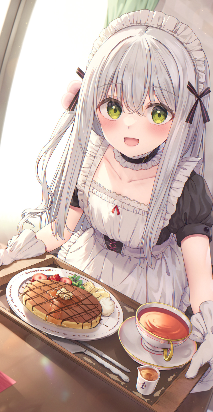 1girl :d absurdres apron bangs black_dress blush collarbone commentary_request cup curtains day dress food frilled_apron frills gloves green_eyes grey_hair hair_between_eyes highres holding holding_tray indoors knife looking_at_viewer maid maid_apron maid_headdress one_side_up original pancake plate puffy_short_sleeves puffy_sleeves saucer short_sleeves smile solo sunlight tray tsuchikure white_apron white_gloves window