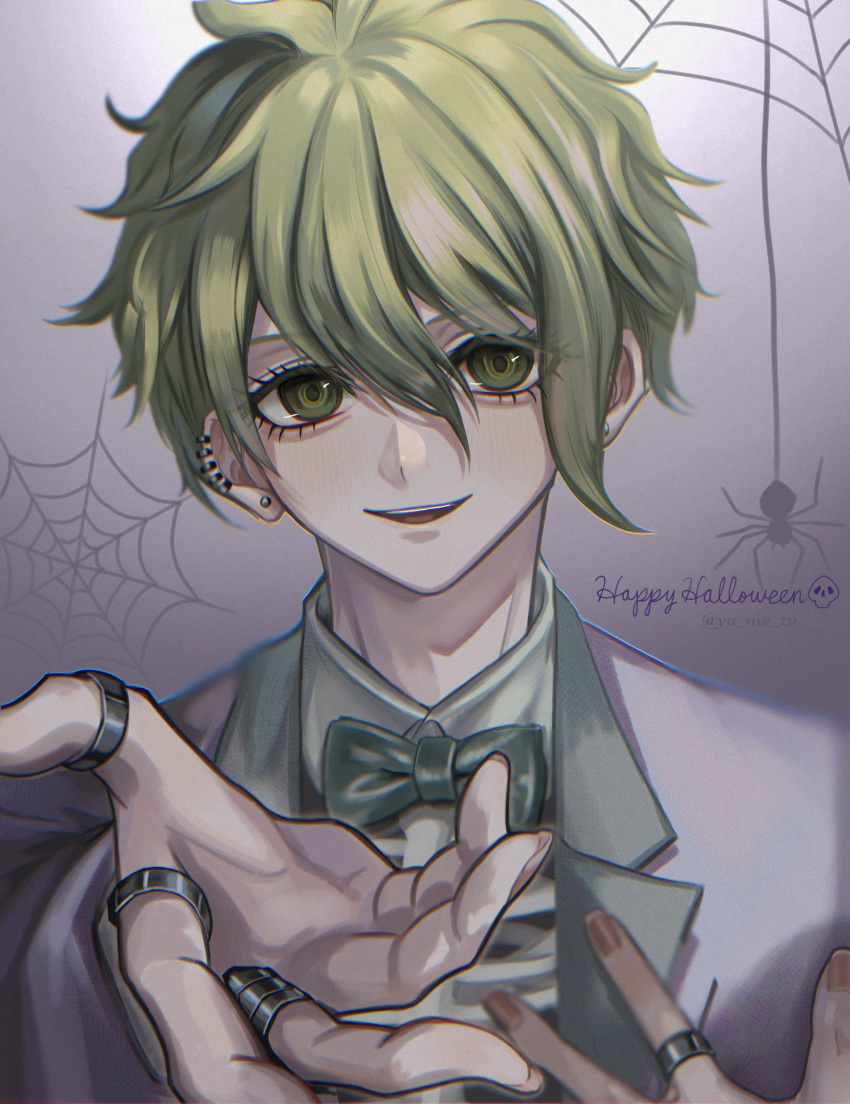1boy :d absurdres amami_rantarou bangs bow bowtie bug commentary_request danganronpa_(series) danganronpa_v3:_killing_harmony ear_piercing earrings gradient gradient_background green_bow green_bowtie green_eyes green_hair grey_background grey_jacket hands_up happy_halloween highres jacket jewelry looking_at_viewer male_focus nail_polish official_alternate_costume piercing portrait red_nails ring shiny shiny_hair short_hair silk skull smile solo spider spider_web teeth upper_teeth yumezu_(yu_me_zu)