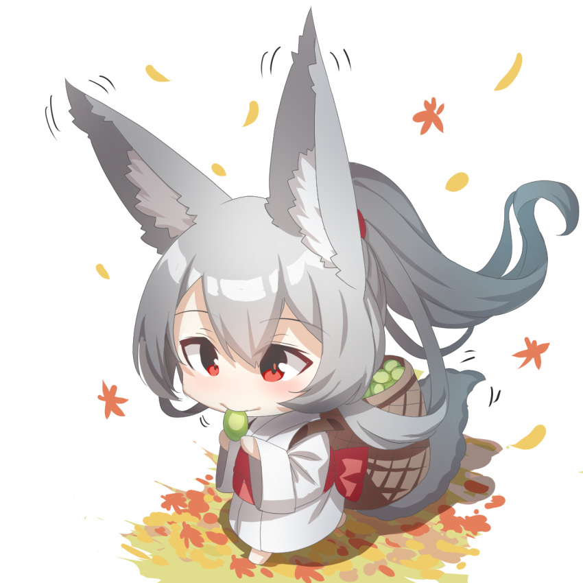 1girl animal_ear_fluff animal_ears autumn_leaves bangs barefoot basket chibi commentary_request eating food food_request fox_ears fox_girl fox_tail full_body grey_hair hair_between_eyes highres holding holding_food japanese_clothes kimono leaf long_sleeves looking_away maple_leaf motion_lines obi original ponytail red_eyes sash simple_background solo tail walking white_background white_kimono wide_sleeves yuuji_(yukimimi)