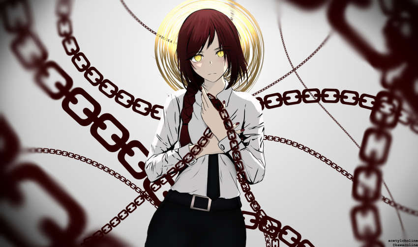 1girl absurdres black_pants braid braided_ponytail breasts business_suit chainsaw_man collared_shirt formal hair_between_eyes highres long_sleeves looking_at_viewer makima_(chainsaw_man) md5_mismatch office_lady pants redhead resolution_mismatch ringed_eyes shirt short_hair simple_background solo source_smaller suit yellow_eyes