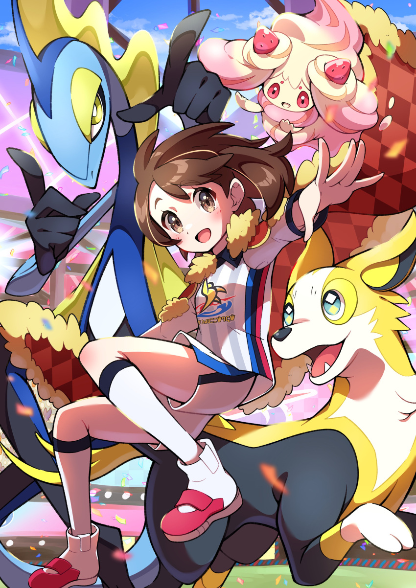 1girl :d absurdres alcremie alcremie_(strawberry_sweet) bangs blush boltund brown_eyes brown_hair commentary_request confetti gloria_(pokemon) gym_challenge_uniform highres inteleon open_mouth outstretched_arms pokemon pokemon_(creature) pokemon_(game) pokemon_swsh pon_yui shirt shoes short_hair shorts side_slit side_slit_shorts smile socks stadium white_socks