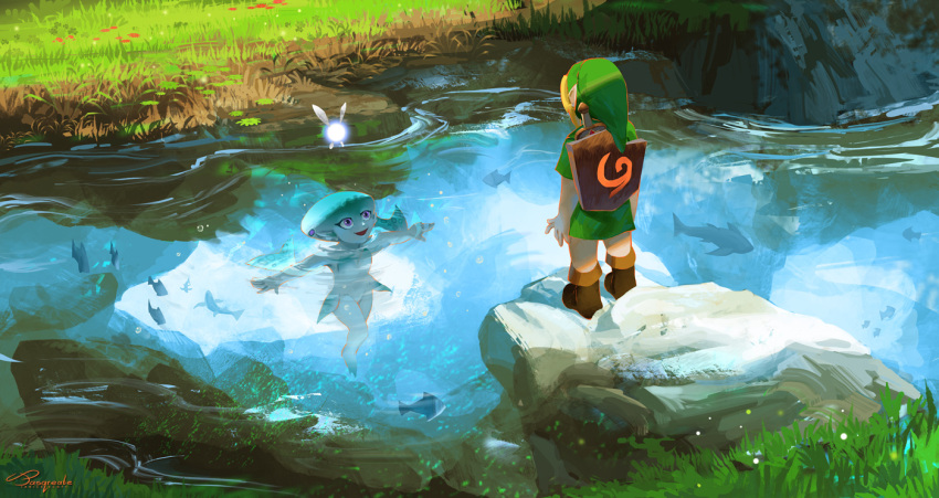 1boy 1girl blonde_hair fish grass green_headwear green_tunic jasqreate link looking_at_another navi pointy_ears pond princess_ruto shield smile swimming sword the_legend_of_zelda the_legend_of_zelda:_ocarina_of_time violet_eyes weapon