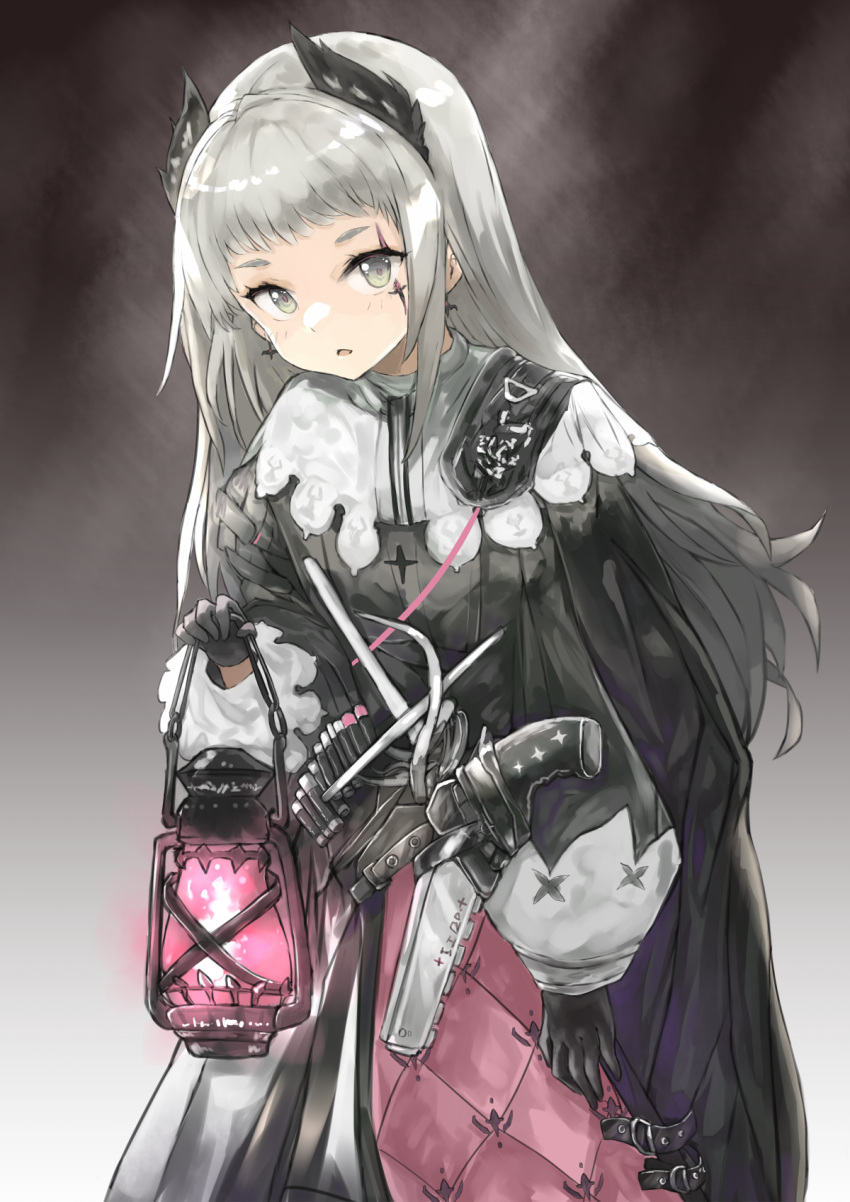 1girl :o ammunition_belt arknights black_cape black_gloves black_jacket cape capelet cowboy_shot gloves green_eyes grey_hair grey_skirt gun head_wings highres holding holding_lantern irene_(arknights) jacket lantern layered_skirt long_hair looking_at_viewer looking_back mg42cat-k1ng open_mouth purple_skirt scar scar_across_eye scar_on_face sheath sheathed skirt solo sword very_long_hair weapon white_capelet