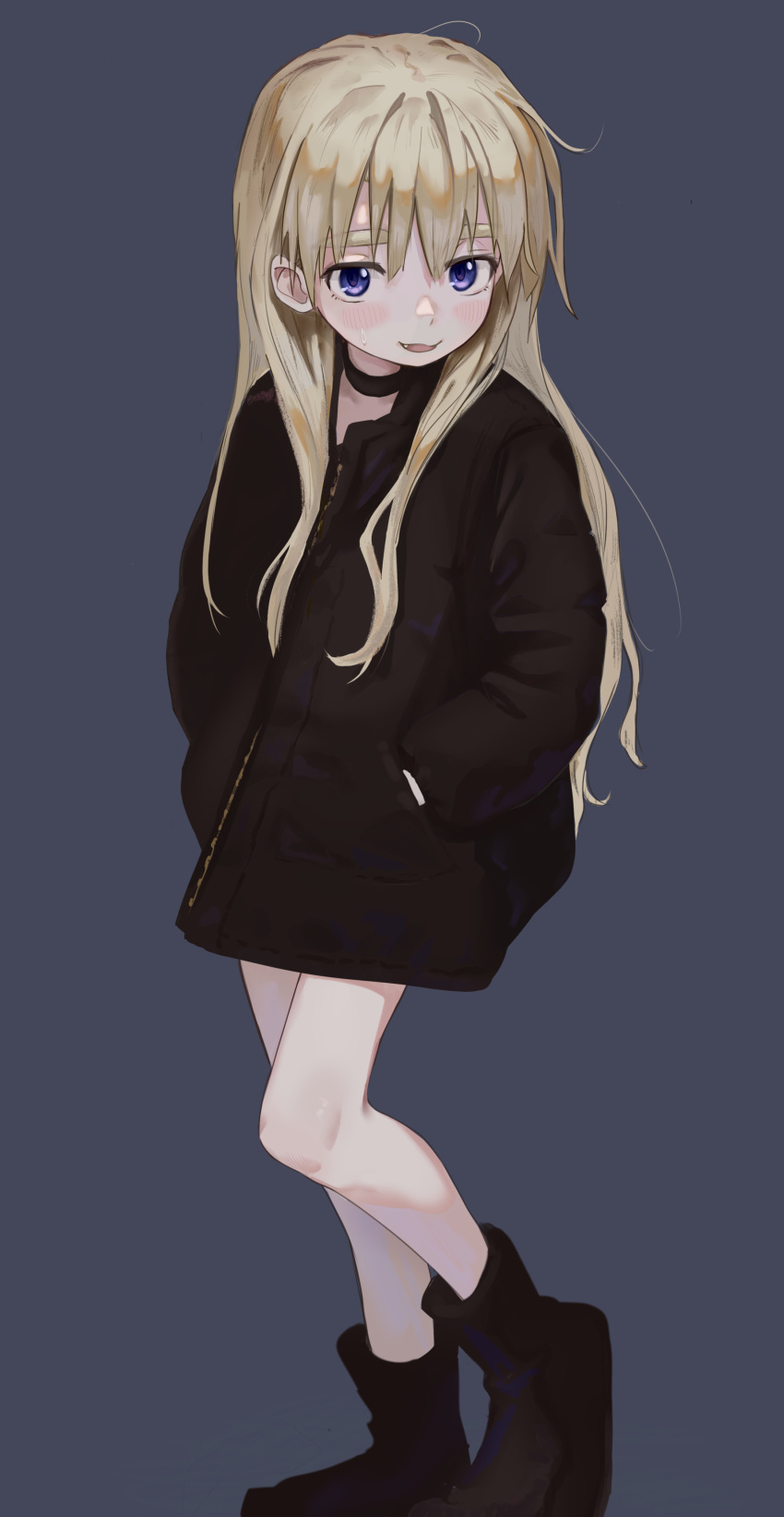 1girl absurdres black_choker black_coat black_footwear blonde_hair blue_eyes blush boots bpqd choker coat fang hands_in_pockets highres long_hair looking_at_viewer original parted_lips simple_background smile solo sweatdrop thick_eyebrows