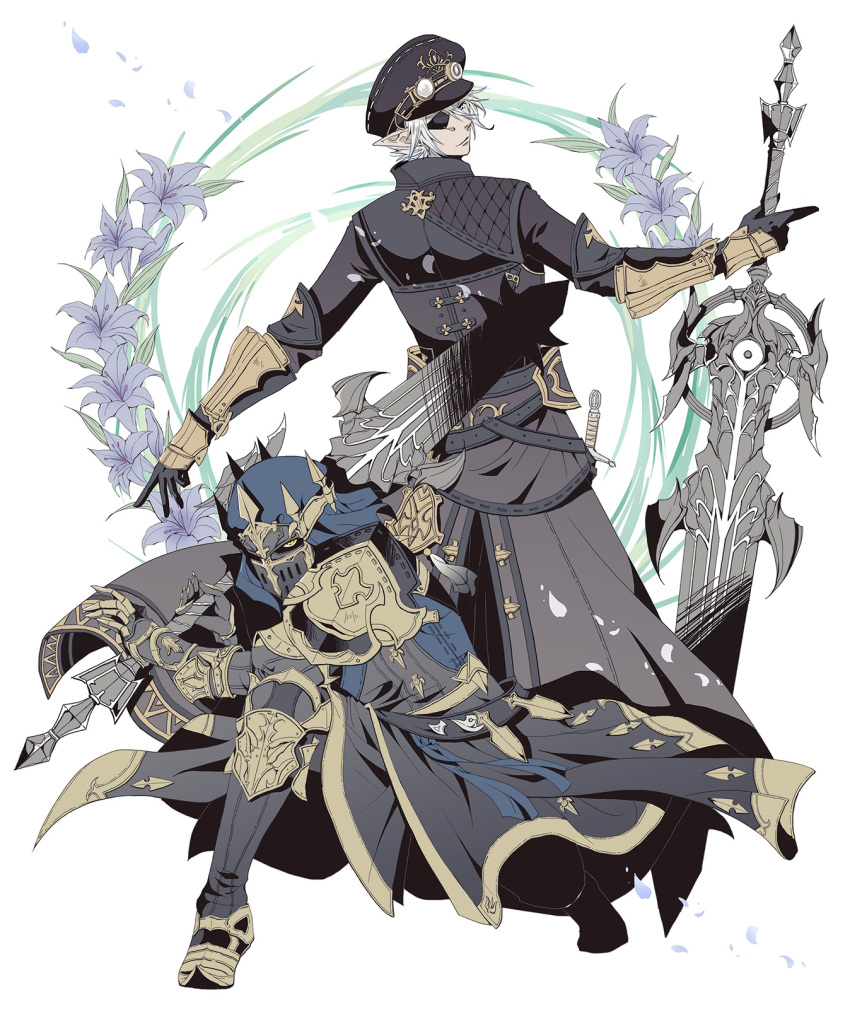 1boy 1other ambiguous_gender armor avatar_(ff14) back-to-back blue_eyes boots closed_mouth coat dark_knight_(final_fantasy) elezen elf eyepatch fighting_stance final_fantasy final_fantasy_xiv flower fray_myste full_armor full_body gauntlets greatsword grey_hair hand_up hat helm helmet highres holding holding_sword holding_weapon light_smile long_sleeves looking_at_viewer looking_back outstretched_arm petals pointy_ears shoulder_armor standing sword weapon yuzuriko_red