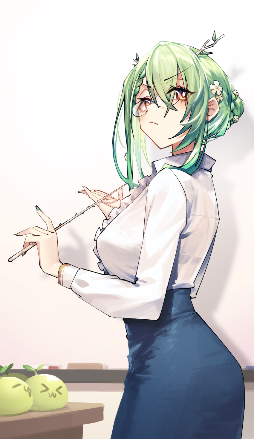 &gt;w&lt; 1girl absurdres adarin antlers apple artist_request ceres_fauna flower food fruit glasses green_hair green_nails hair_flower hair_ornament highres hololive hololive_english light_green_hair looking_at_viewer shirt simple_background solo teacher virtual_youtuber whiteboard