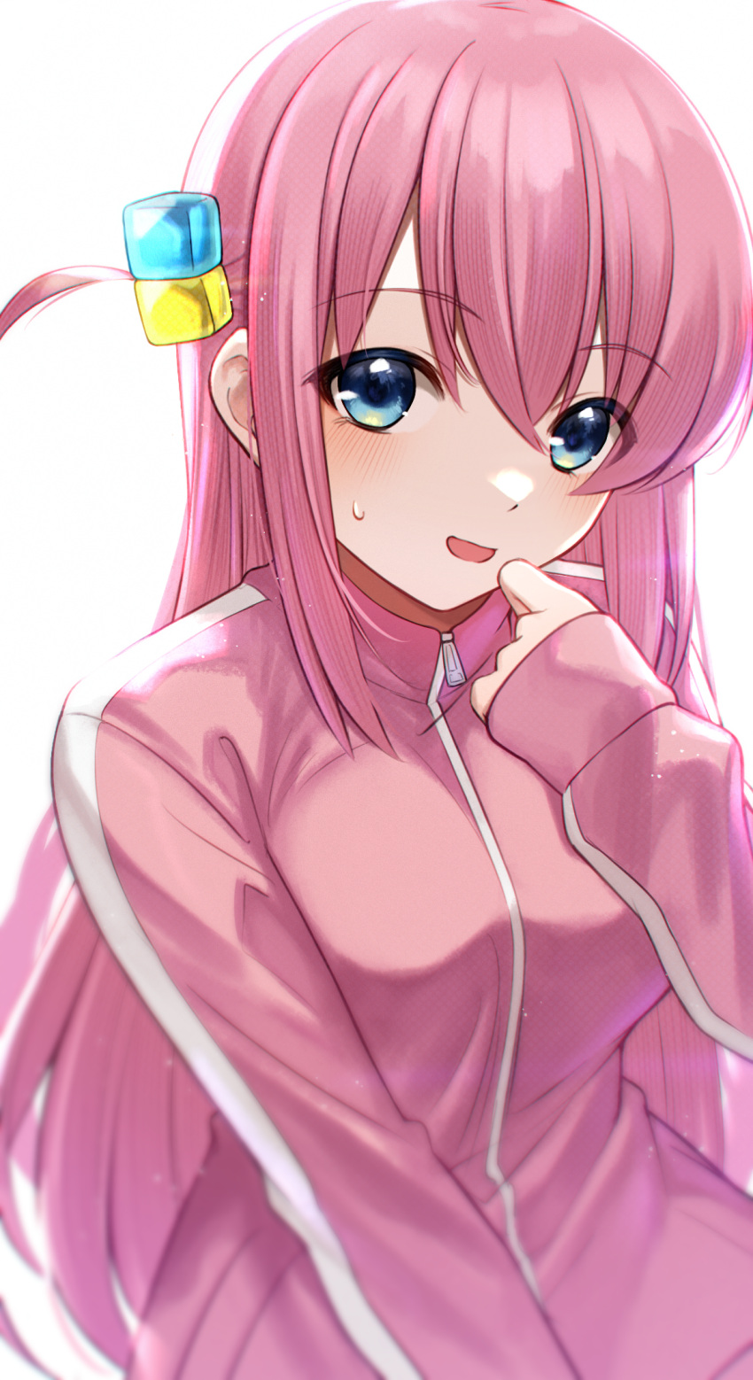1girl :d bangs blue_eyes blush bocchi_the_rock! breasts commentary_request gotou_hitori hair_between_eyes hair_cubes hair_ornament hand_up highres hoshimiya_aki jacket long_sleeves looking_at_viewer medium_breasts one_side_up pink_hair pink_jacket simple_background sleeves_past_wrists smile solo sweat track_jacket upper_body white_background