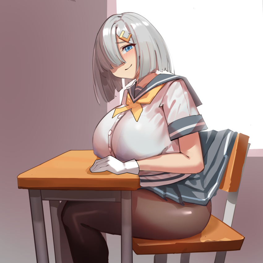 1girl black_pantyhose blue_eyes breasts chair desk gloves grey_hair grey_skirt hair_ornament hair_over_one_eye hairclip hamakaze_(kancolle) highres huge_breasts kantai_collection looking_at_viewer miniskirt neckerchief on_chair pantyhose pleated_skirt school_chair school_desk school_uniform serafuku short_hair short_sleeves simplecar sitting skirt smile solo white_gloves yellow_neckerchief