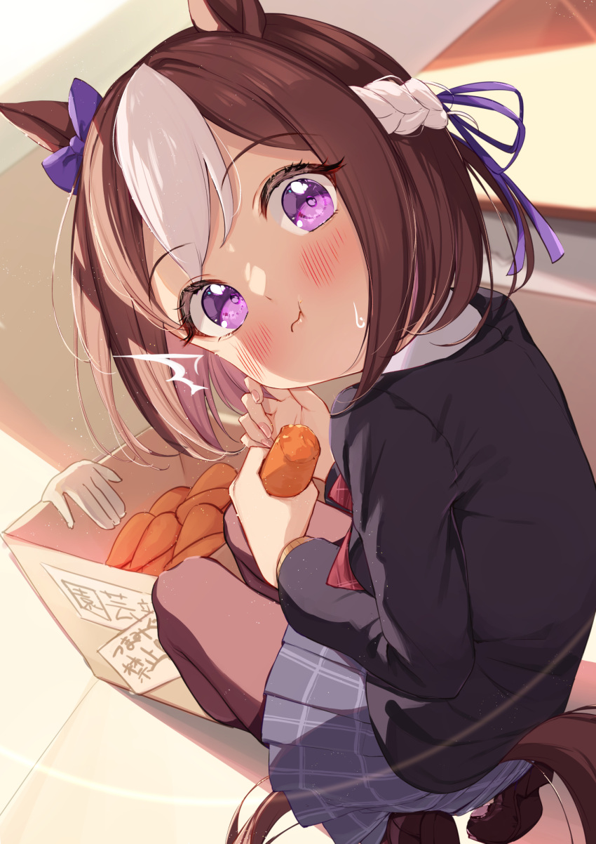 1girl animal_ears blush bow bowtie braid brown_hair brown_sweater closed_mouth ear_bow eating food grey_skirt highres holding holding_food horse_ears horse_girl jacket long_sleeves multicolored_hair open_clothes open_jacket pleated_skirt red_bow red_bowtie saboten_mushi shirt skirt smile solo special_week_(umamusume) streaked_hair sweater umamusume violet_eyes white_hair white_shirt