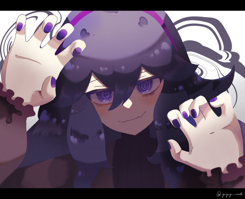 1girl @_@ bags_under_eyes bangs fang hairband hex_maniac_(pokemon) highres messy_hair pokemon pokemon_(game) pokemon_xy purple_hair purple_hairband purple_nails violet_eyes yuyuyu_wasabi