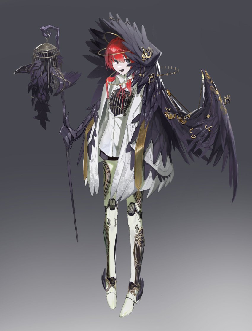 1girl android birdcage black_background black_eyes black_wings cage collared_shirt full_body gradient gradient_background grey_background highres holding holding_staff living_clothes long_hair long_sleeves looking_at_viewer mechanical_legs neck_ribbon open_mouth original red_ribbon redhead ribbon shirt sidelocks solo staff standing tagme toriseka white_shirt wings