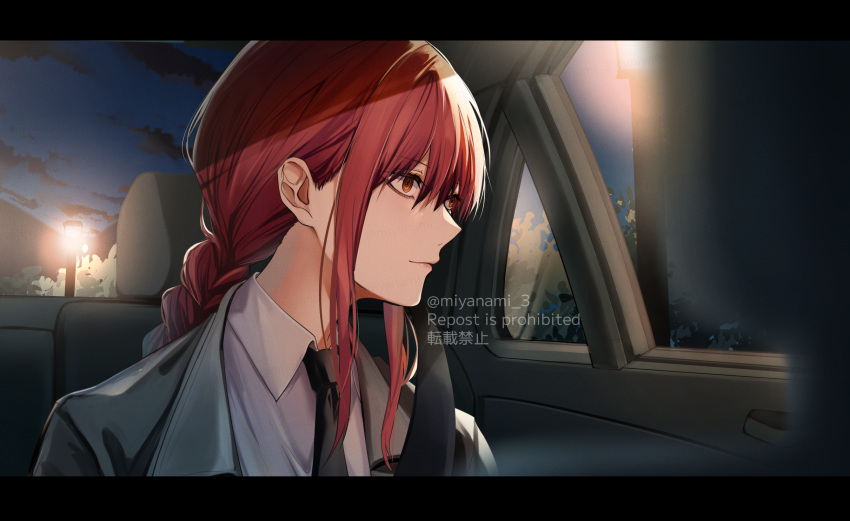 1girl black_necktie braid braided_ponytail car_interior chainsaw_man closed_mouth highres jacket long_hair looking_at_viewer makima_(chainsaw_man) necktie noizu_(noi_hr) ponytail redhead ringed_eyes shirt solo twitter_username white_shirt yellow_eyes