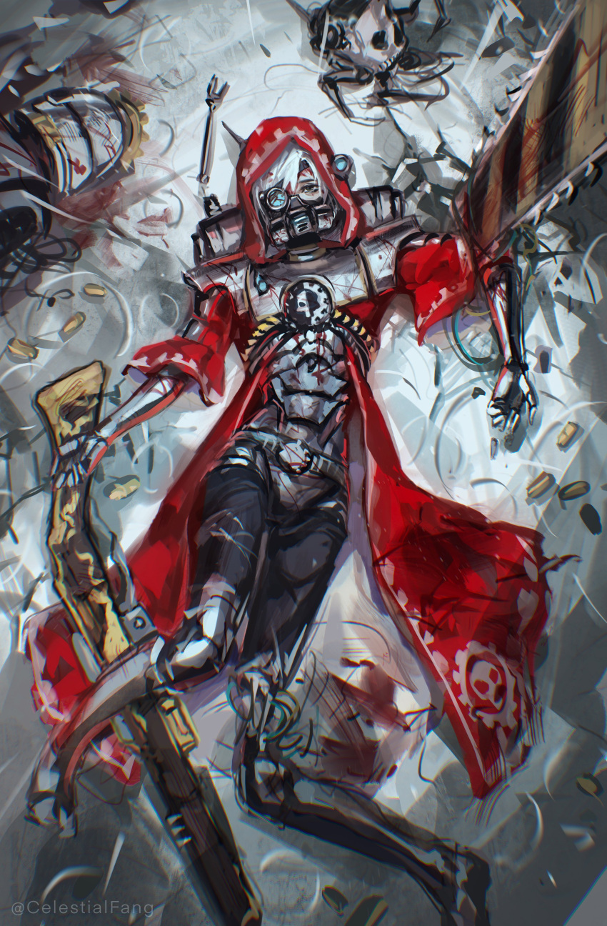 1boy 1girl absurdres adeptus_mechanicus android armor artist_name black_eyes blood blood_on_face celestial_fang chainsword chaos_space_marine coat cyborg death gas_mask gun highres holding holding_gun holding_weapon iron_warriors long_hair long_sleeves lying mask on_back red_coat science_fiction short_hair space_marine sword warhammer_40k weapon white_hair