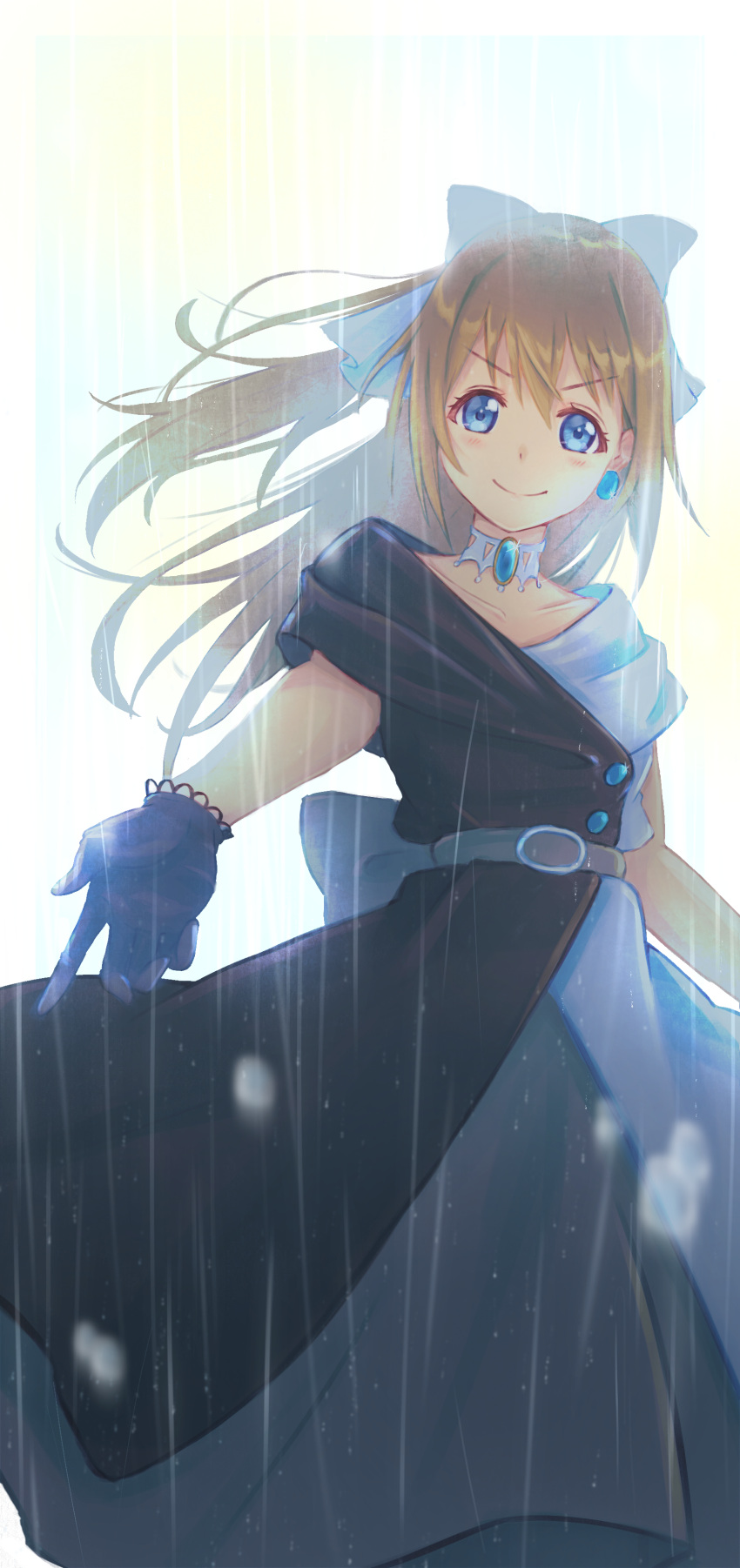 1girl absurdres bangs black_dress black_gloves blue_bow blue_eyes blue_gemstone bow brown_hair choker closed_mouth collarbone dress earrings floating_hair gem gloves grey_dress hair_between_eyes hair_bow highres jewelry long_hair looking_at_viewer love_live! love_live!_nijigasaki_high_school_idol_club macken multicolored_clothes multicolored_dress ousaka_shizuku ponytail shiny shiny_hair smile solitude_rain_(love_live!) solo standing white_background white_dress