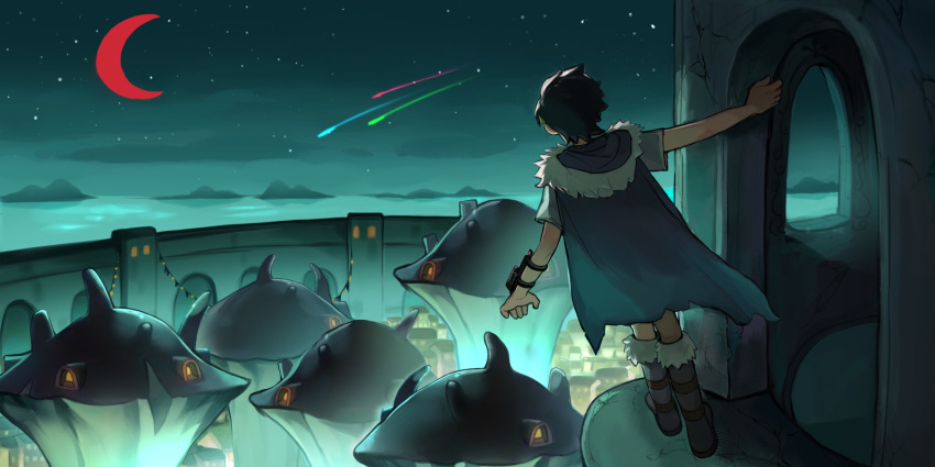 1girl amphibia black_hair boots building cape crescent_moon from_behind highres jocy3 marcy_wu moon night night_sky red_moon reflection shadow short_hair short_sleeves sky solo star_(sky) starry_sky water wide_shot