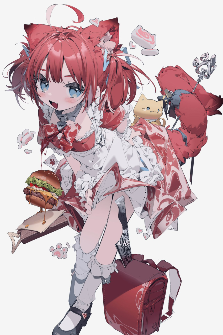 1girl :d ahoge akami_karubi animal_ear_fluff animal_ears backpack bag bangs black_footwear blue_eyes burger cat_ears collar dress fangs food frills heart highres indie_virtual_youtuber knife looking_at_viewer nanmokaken puffy_sleeves randoseru redhead short_sleeves simple_background smile socks solo tail virtual_youtuber white_socks