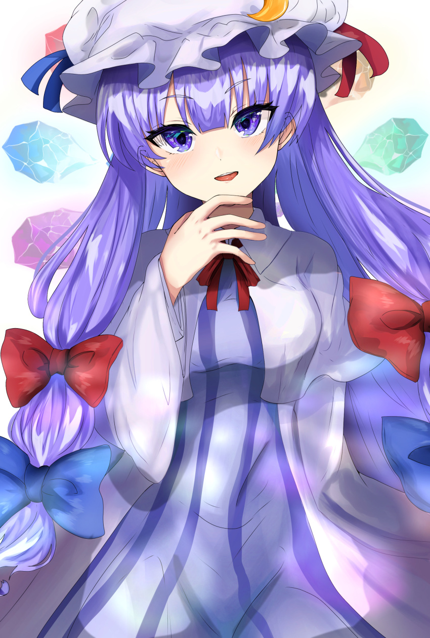 1girl absurdres bangs blue_bow blue_ribbon blunt_bangs bow breasts commentary cowboy_shot crescent crescent_hat_ornament dress hair_bow hand_on_own_chin hat hat_ornament hat_ribbon highres long_hair looking_at_viewer mob_cap momo_ga_suki_desu open_mouth patchouli_knowledge philosopher's_stone purple_hair red_bow red_ribbon ribbon robe simple_background smile solo striped striped_dress touhou very_long_hair violet_eyes white_background wide_sleeves