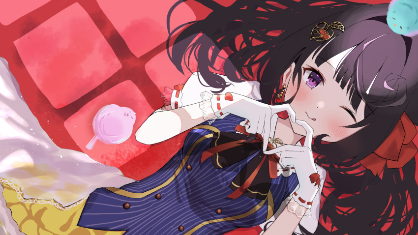 1girl ;) ;q airy_production animal_on_head bangs bird bird_on_head black_hair blush bow closed_mouth dress earrings gloves gold_trim hair_bow hair_ornament heart heart_hands highres jewelry long_hair on_head one_eye_closed puffy_short_sleeves puffy_sleeves red_bow red_ribbon ribbon ribbon_trim shirayuki_mila short_sleeves sidelocks smile solo tongue tongue_out tsuyu_soba_(tuyusoba) violet_eyes virtual_youtuber white_gloves