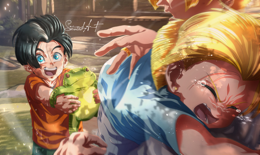 1girl 2boys aged_down android_17 android_18 animal black_hair blonde_hair blue_eyes brother_and_sister closed_eyes commentary crying dragon_ball dragon_ball_z earrings english_commentary father_and_daughter father_and_son female_child frog highres holding holding_animal jewelry male_child multiple_boys open_mouth orange_shirt sarulart shirt siblings signature smile stud_earrings tears