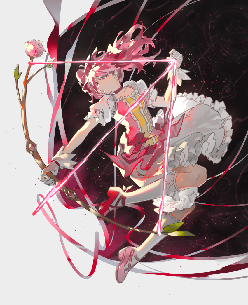 1girl absurdres bangs bow bow_(weapon) bubble_skirt choker drawing_bow dress floating floating_hair flower frilled_dress frilled_skirt frilled_socks frills from_side full_body gloves hair_bow highres holding holding_bow_(weapon) holding_weapon kaname_madoka knees_up labroiy leaf looking_ahead magical_girl mahou_shoujo_madoka_magica outstretched_arm pink_choker pink_dress pink_eyes pink_flower pink_hair pink_ribbon pink_rose puffy_short_sleeves puffy_sleeves red_footwear ribbon rose serious shoes short_hair short_sleeves short_twintails skirt socks solo twintails two-tone_background weapon white_gloves white_skirt white_socks