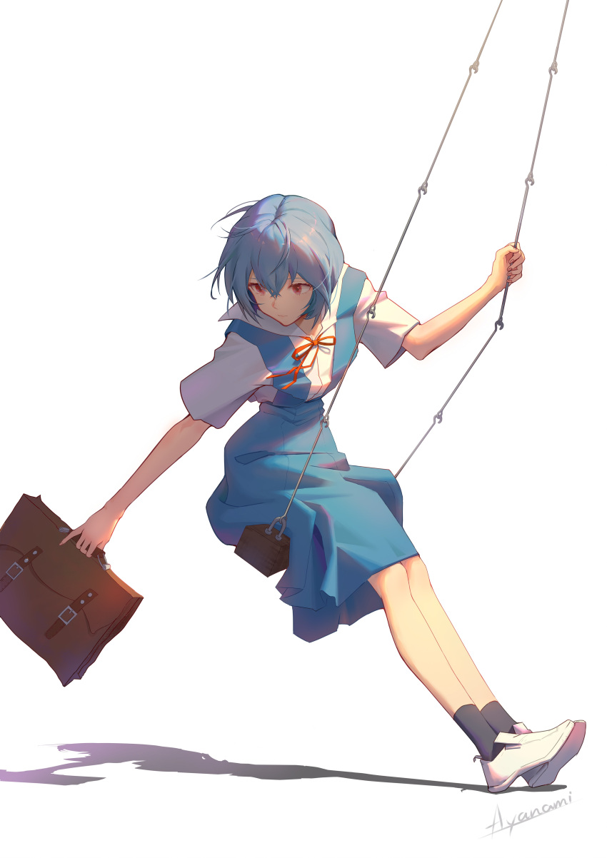 1girl absurdres ayanami_(tyuk8425) ayanami_rei bangs black_socks blue_dress blue_hair blue_ribbon briefcase character_name chinese_commentary commentary_request crossed_bangs dress from_side full_body hair_between_eyes highres holding holding_briefcase loafers looking_down neck_ribbon neon_genesis_evangelion outstretched_arm pinafore_dress red_eyes ribbon sailor_collar sailor_shirt school_uniform shadow shirt shoes short_hair simple_background sitting socks solo swing white_background white_footwear white_shirt