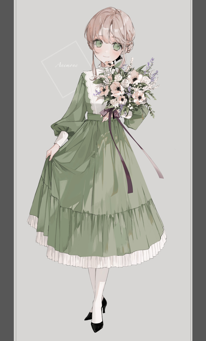 1girl absurdres bangs black_footwear black_ribbon blonde_hair bouquet center_frills closed_mouth commentary dress english_text frilled_dress frills full_body green_dress green_eyes grey_background hair_bun hair_ribbon head_tilt high_heels highres holding holding_bouquet kyuumura long_sleeves looking_at_viewer original pantyhose puffy_long_sleeves puffy_sleeves ribbon short_hair sidelocks skirt_hold smile solo standing white_pantyhose
