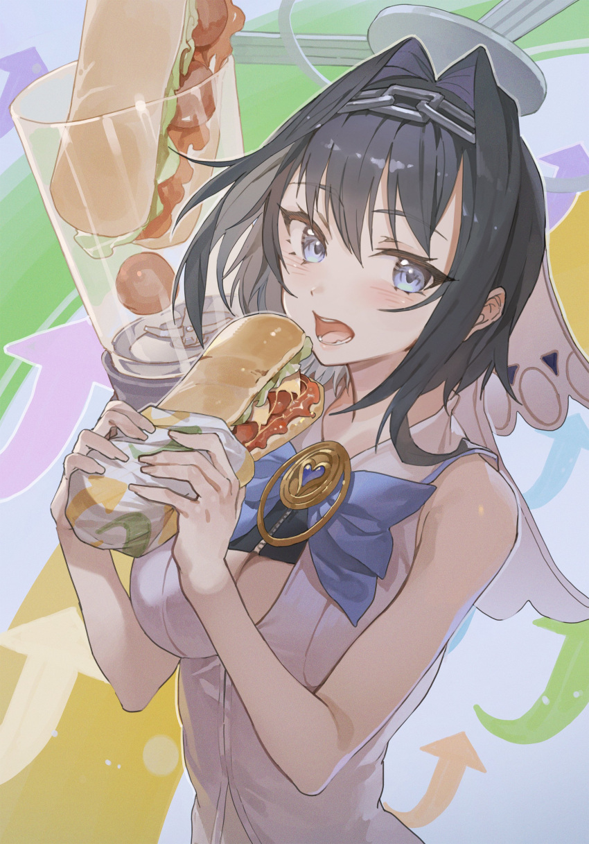 1girl absurdres arrow_(symbol) bangs bare_shoulders black_hair blue_bow blue_eyes blush bow bowtie chain collared_shirt food glass hair_over_shoulder highres holding holding_food hololive hololive_english hxxg light_blue_background looking_at_viewer open_mouth ouro_kronii sandwich shiny shiny_hair shirt short_hair sleeveless sleeveless_shirt solo subway upper_body white_shirt