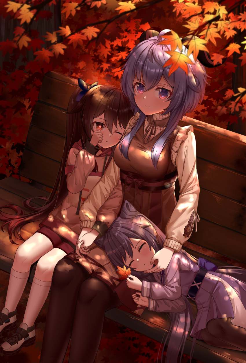 3girls absurdres aged_down ahoge alternate_costume autumn_leaves bangs bench black_hair blue_hair blurry casual commentary_request cone_hair_bun contemporary depth_of_field double_bun ganyu_(genshin_impact) genshin_impact hair_between_eyes hair_bun hair_ribbon highres holding hu_tao_(genshin_impact) keqing_(genshin_impact) leaf long_hair long_sleeves looking_at_viewer lying lying_on_lap maple_leaf multiple_girls on_side one_eye_closed park_bench purple_hair red_eyes ribbon sidelocks sitting_on_bench skym_(kumei) sleeping sleeping_on_person sleepy symbol-shaped_pupils twintails violet_eyes