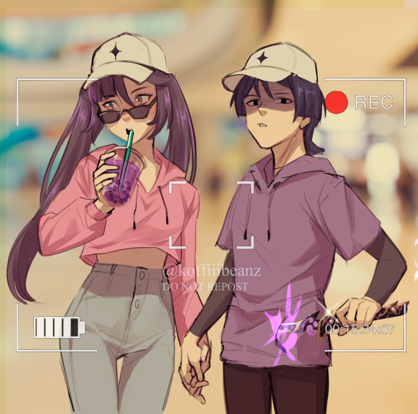 1boy 1girl baseball_cap battery_indicator black_eyes black_hair black_pants bubble_tea contemporary couple cup denim drawing_sword drinking_straw_in_mouth english_commentary genshin_impact hat hetero highres holding holding_cup holding_hands holding_sword holding_weapon hood hoodie human_scabbard jeans koffiiibeanz looking_at_viewer midriff_peek mona_(genshin_impact) no_pupils pants pink_hoodie purple_hair recording scaramouche_(genshin_impact) scowl sunglasses sword twintails twitter_username violet_eyes walking weapon