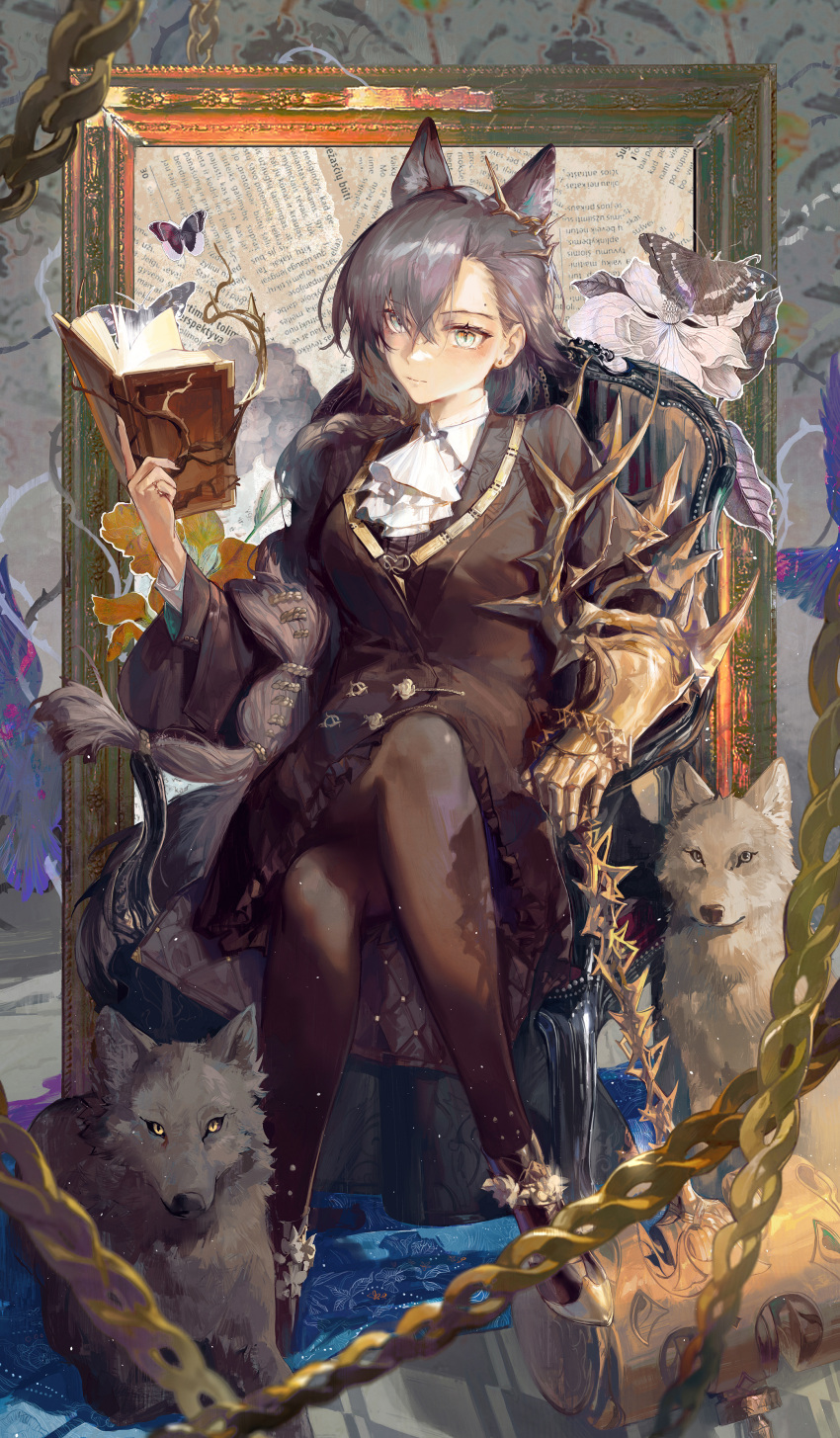 1girl absurdres animal_ears arknights armchair ascot asymmetrical_bangs bangs black_hair black_jacket black_pantyhose book bug butterfly chair closed_mouth daylightallure english_commentary extra_ears gauntlets green_eyes hair_between_eyes hair_ornament highres holding holding_book jacket long_hair looking_at_viewer mole_above_eye pantyhose penance_(arknights) single_gauntlet sitting solo wolf wolf_ears wolf_girl