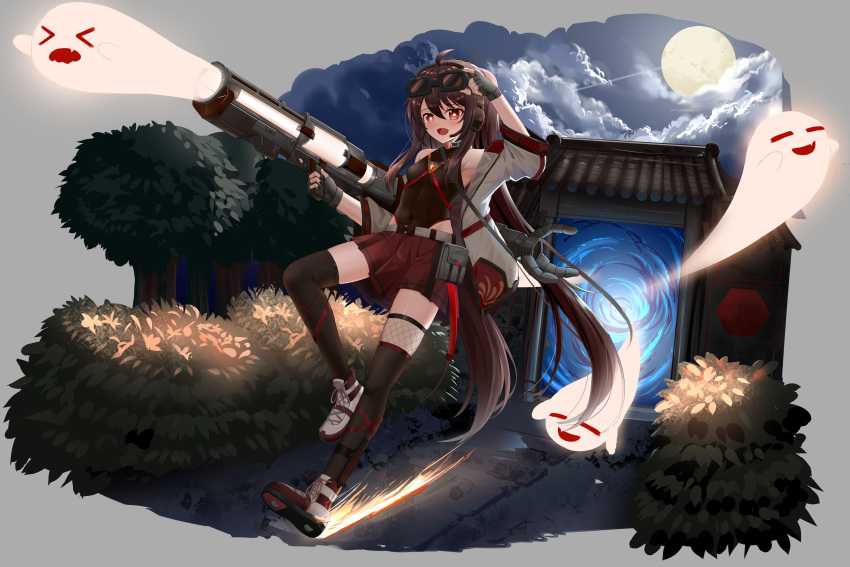 1girl :d absurdres adjusting_eyewear ahoge alternate_costume bag bangs belt black_thighhighs boo_tao_(genshin_impact) brown_hair clouds cloudy_sky commentary_request fingerless_gloves full_body full_moon gate genshin_impact ghost gloves goggles goggles_on_head gun hair_between_eyes highres holding holding_gun holding_weapon hu_tao_(genshin_impact) long_hair moon moonlight night night_sky orange_eyes pleated_skirt rifle shoes sidelocks skirt sky skym_(kumei) sleeveless smile sneakers standing standing_on_one_leg symbol-shaped_pupils tachi-e thigh-highs twintails vision_(genshin_impact) weapon zettai_ryouiki