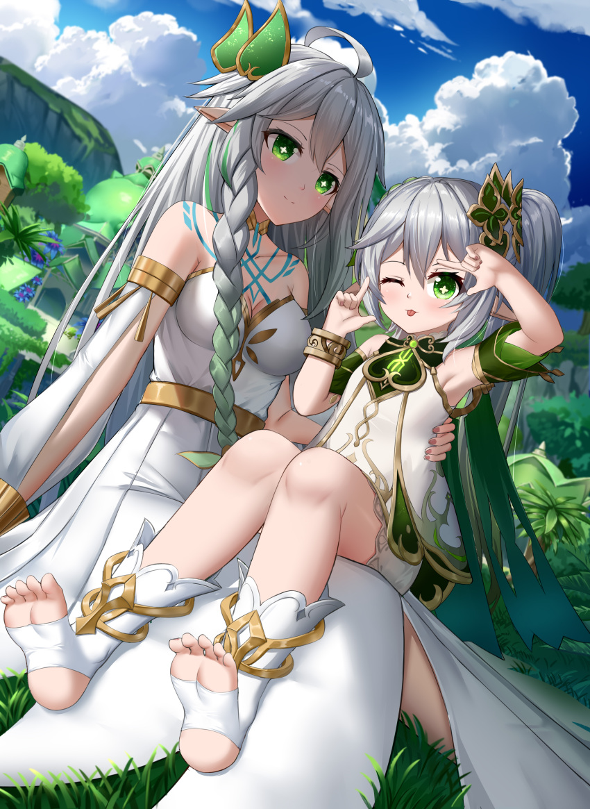 :p absurdres ahoge armpits bangs bloomers blue_sky blurry bracelet braid clouds cloudy_sky commentary_request depth_of_field detached_sleeves dress finger_frame genshin_impact gradient_hair grass green_eyes hair_between_eyes hair_ornament highres jewelry long_hair long_sleeves looking_at_viewer mother_and_daughter mountainous_horizon multicolored_hair nahida_(genshin_impact) pointy_ears rukkhadevata_(genshin_impact) short_sleeves side_ponytail sidelocks single_braid sitting sitting_on_lap sitting_on_person sky skym_(kumei) smile stirrup_legwear symbol-shaped_pupils toeless_legwear tongue tongue_out underwear white_dress white_hair