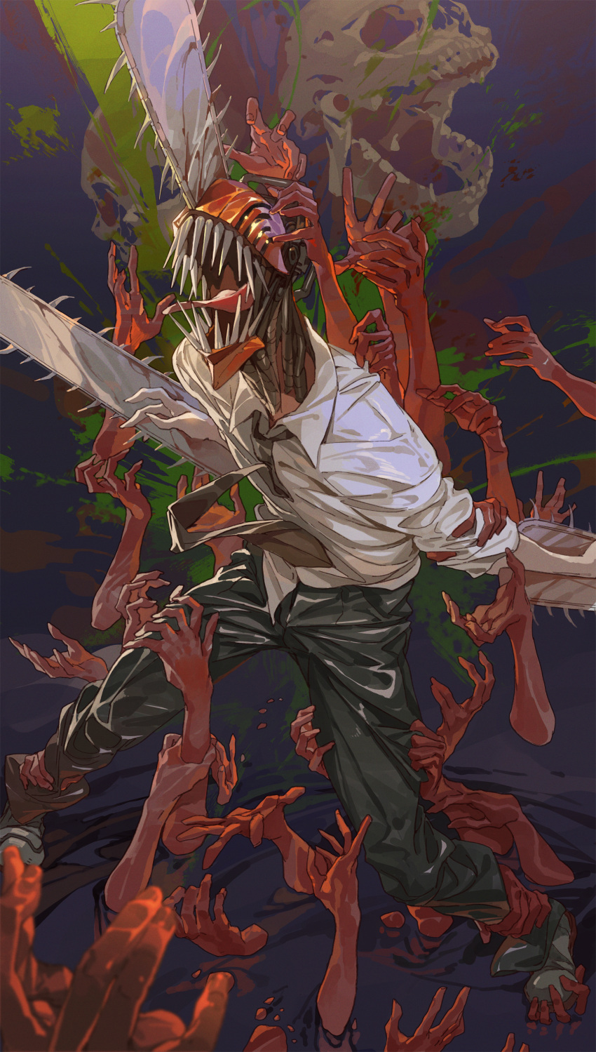 1boy absurdres battle black_necktie black_pants chainsaw chainsaw_man collared_shirt demon denji_(chainsaw_man) eternity_devil_(chainsaw_man) full_body grabbing highres hxxg joints male_focus monster multiple_hands necktie pants pond sharp_teeth shirt skull standing teeth tongue tongue_out water white_shirt