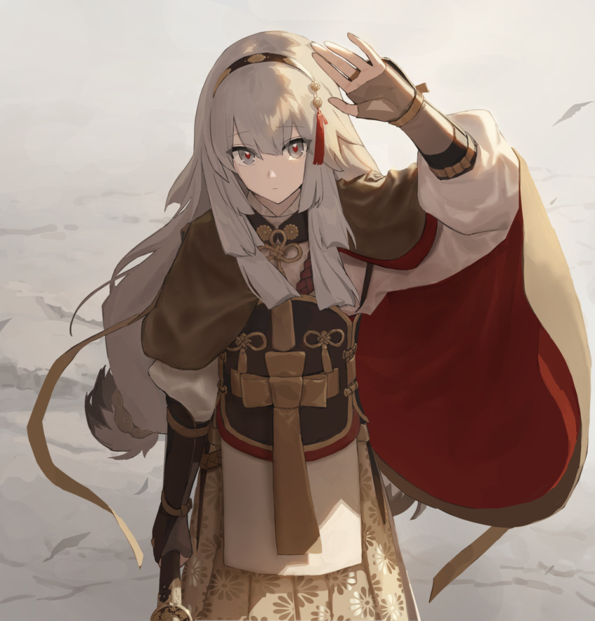 1girl arm_at_side arm_up bad_link bangs brown_cape cape chorefuji closed_mouth commentary_request falling_leaves fingerless_gloves gloves grey_eyes grey_hair hair_between_eyes hairband holding leaf long_hair looking_at_viewer original red_pupils sidelocks solo standing