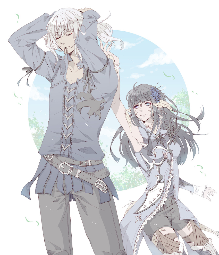 1boy 1girl arm_at_side arm_up armpits arms_behind_head arms_up asymmetrical_sleeves au_ra avatar_(ff14) bangs black_hair blue_eyes blue_flower blunt_bangs closed_eyes closed_mouth coat elezen elf estinien_varlineau final_fantasy final_fantasy_xiv flower grey_hair hair_flower hair_ornament height_difference heterochromia highres horns long_hair looking_at_another mouth_hold muted_color pants pointy_ears scales shirt shorts single_sleeve smile standing tail tying_hair uneven_sleeves violet_eyes yuzuriko_red