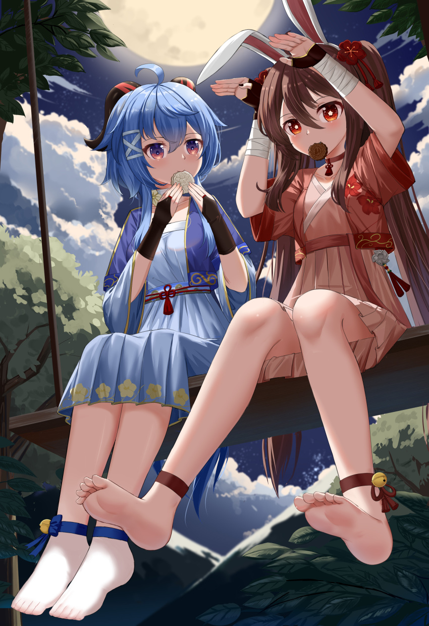 2girls absurdres ahoge alternate_costume animal_ears bangs barefoot blue_hair bridal_gauntlets brown_hair bunny_pose chinese_clothes clouds cloudy_sky commentary_request fake_animal_ears full_body full_moon ganyu_(genshin_impact) genshin_impact hair_between_eyes hairband hanfu highres horns hu_tao_(genshin_impact) knees_together_feet_apart long_hair long_sleeves looking_at_another looking_at_viewer moon mooncake mouth_hold multiple_girls night night_sky rabbit_ears red_eyes short_sleeves sidelocks sitting sitting_on_bench sky skym_(kumei) soles symbol-shaped_pupils twintails violet_eyes