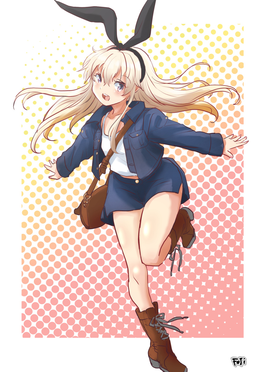 1girl alternate_costume bag black_hairband blonde_hair blue_jacket blue_skirt boots brown_footwear camisole cross-laced_footwear fuji_(pixiv24804665) full_body grey_eyes hairband highres jacket kantai_collection lace-up_boots long_hair open_mouth outstretched_arms round_teeth shimakaze_(kancolle) skirt smile solo teeth upper_teeth white_camisole