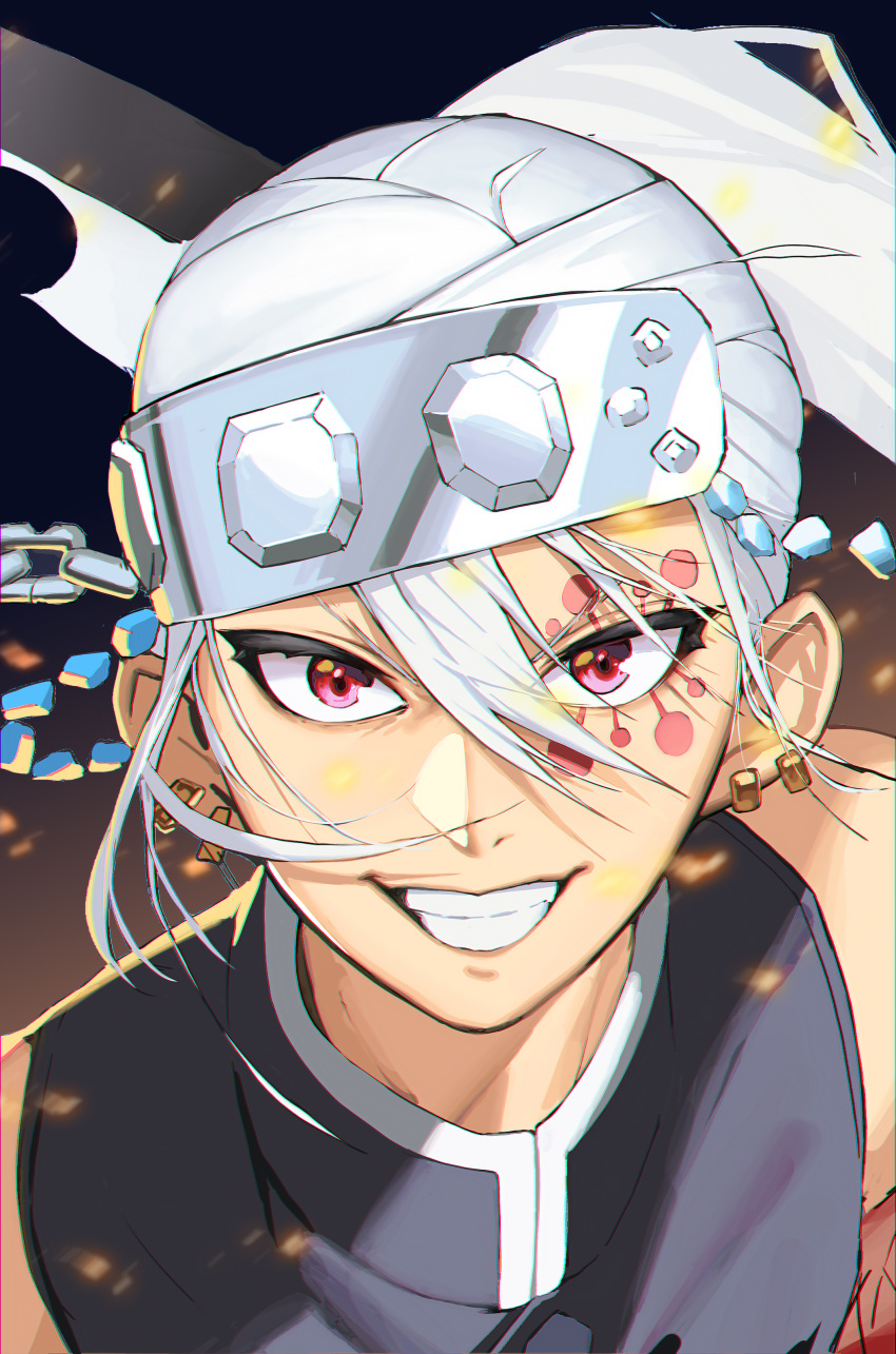 1boy absurdres earrings facial_mark forehead_protector grin highres jewelry kimetsu_no_yaiba looking_at_viewer migu_(iws2525) piercing red_eyes sleeveless smile sword teeth uzui_tengen weapon white_hair