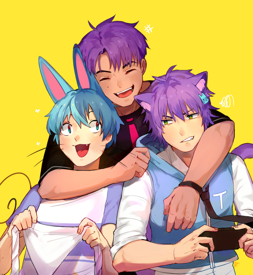 3boys :d absurdres animal_ears benzbt black_shirt blue_eyes blue_hair blue_vest cat_boy cat_ears fang green_eyes hair_ornament highres holding holding_phone hood hooded_vest hoodie male_focus multiple_boys original phone purple_hair rabbit_ears shirt smile vest whiskers white_shirt yellow_background