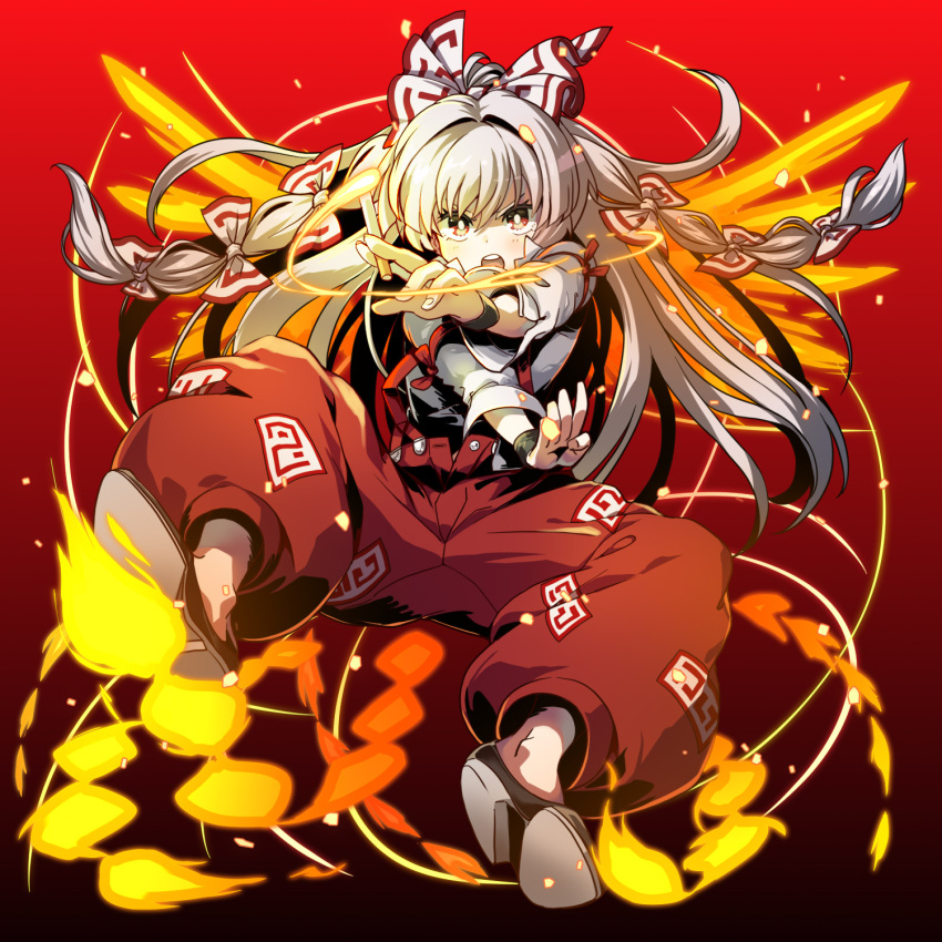 1girl black_footwear blush bow bright_pupils cigarette commentary_request eyebrows_hidden_by_hair fiery_wings fingerless_gloves fire floating_hair fujiwara_no_mokou full_body gloves hair_bow highres holding holding_cigarette inagata long_hair looking_at_viewer ofuda ofuda_on_clothes open_mouth pants pyrokinesis red_eyes red_pants shirt shoes solo suspenders teeth touhou upper_teeth v-shaped_eyebrows very_long_hair white_bow white_hair white_pupils white_shirt wings