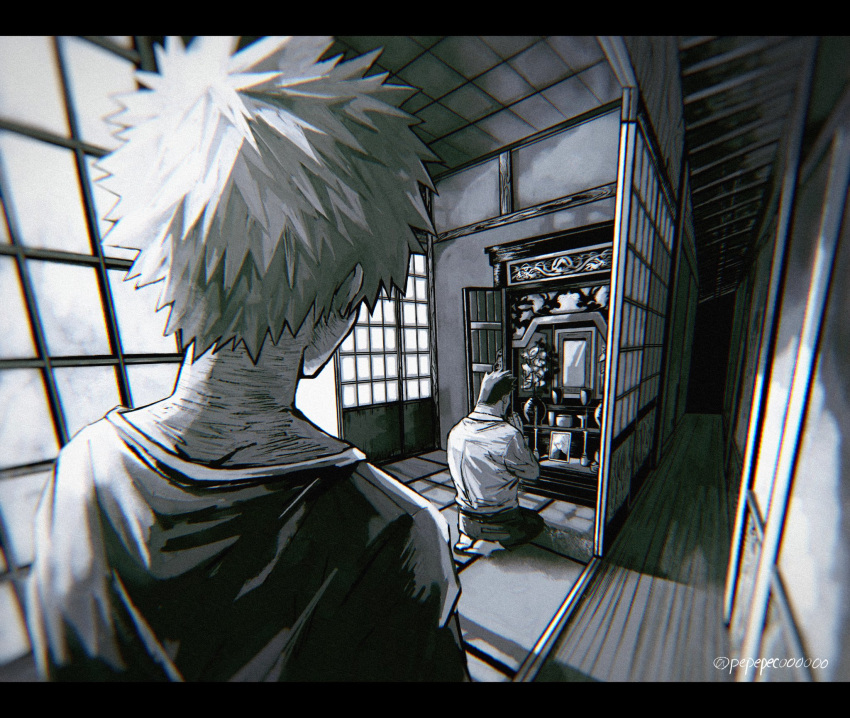 2boys architecture boku_no_hero_academia burn_scar ceiling chromatic_aberration dabi_(boku_no_hero_academia) east_asian_architecture endeavor_(boku_no_hero_academia) film_grain flower from_behind highres indoors letterboxed male_focus messy_hair monochrome multiple_boys palms_together pepepecoooooo perspective photo_(object) picture_frame portrait_(object) scar scar_on_face scar_on_neck seiza shadow short_hair shouji sidelighting sitting sliding_doors spiky_hair spoilers tile_ceiling tile_floor tiles todoroki_touya twitter_username vase wooden_floor