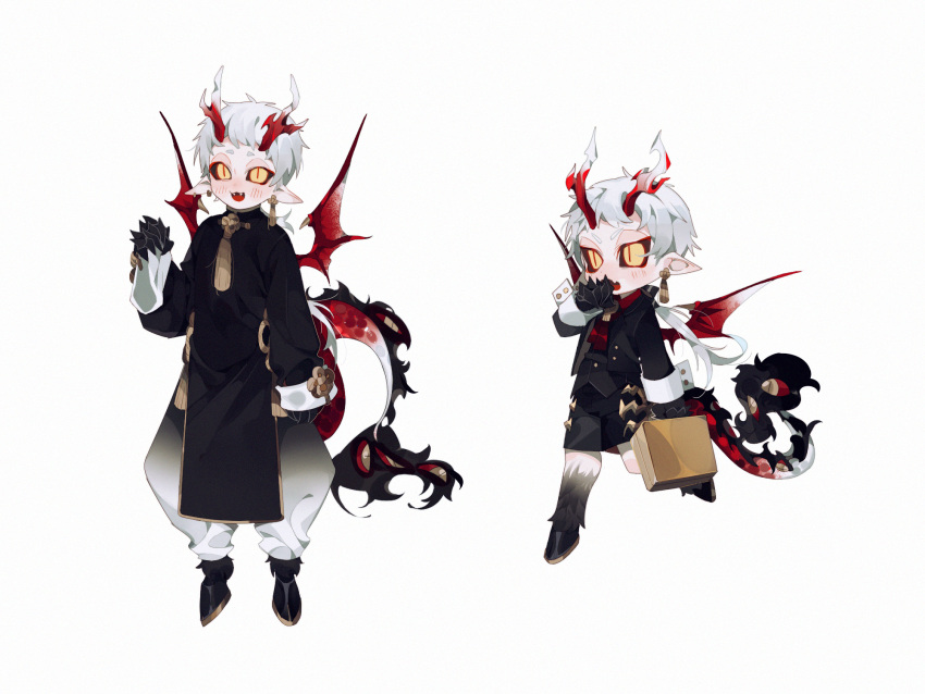 1boy animal_feet antlers ascot baggy_pants black_jacket black_pants black_sclera black_shorts black_skin briefcase changpao chinese_clothes chinese_commentary claws collared_jacket collared_shirt colored_sclera colored_skin dragon_boy dragon_tail dragon_wings ear_piercing earrings extra_eyes fangs full_body highres holding holding_briefcase hooves jacket jewelry long_hair long_sleeves looking_at_viewer low_ponytail male_focus mandarin_collar monster_boy multicolored_skin multicolored_tail multiple_views open_mouth original pants pelvic_curtain piercing pointy_ears red_ascot red_scales red_shirt red_tail shirt short_eyebrows shorts simple_background sleeve_cuffs slit_pupils somalia standing suit_jacket tail white_background white_hair white_pants white_scales white_tail wide_sleeves wings yellow_eyes