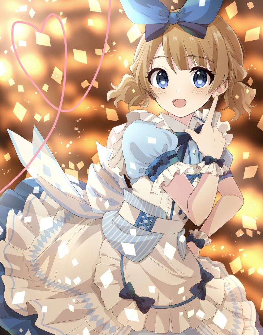 1girl back_bow blue_eyes blurry blurry_background blush bow brown_hair confetti dress finger_gun frilled_sleeves frills hair_bow hand_on_hip heart highres idolmaster idolmaster_million_live! looking_at_viewer neck_ribbon pinafore_dress puffy_short_sleeves puffy_sleeves ribbon short_sleeves short_twintails smile solo suou_momoko twintails wrist_cuffs yaegashi_(yegs1227)