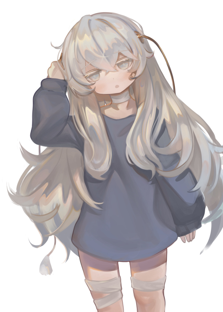 1girl :o arm_up bandaged_leg bandages bangs black_shirt choker colored_eyelashes commentary_request dokomon girls_frontline grey_hair hair_between_eyes head_tilt highres korean_commentary long_hair long_sleeves parted_lips puffy_long_sleeves puffy_sleeves ribeyrolles_(girls'_frontline) shirt simple_background sleeves_past_wrists solo very_long_hair white_background white_choker
